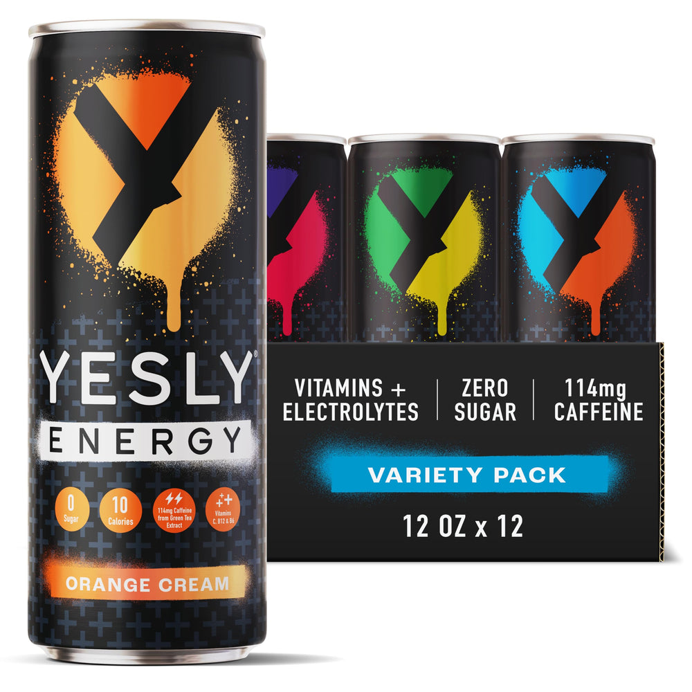 Yesly Energy Drink variety pack can with multiple flavors and crisp carbonation.