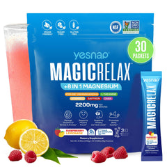 Yesnap MagicRelax bottle front highlighting the 8-in-1 magnesium blend for daily stress support.