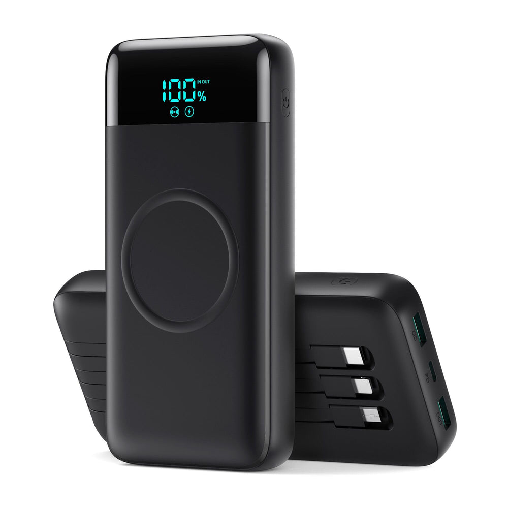 YHO wireless charger front view showing built-in cables for on-the-go power