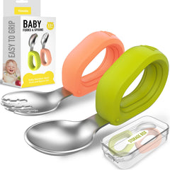 Yimido toddler orange fork with slip-resistant silicone handle for self-feeding.