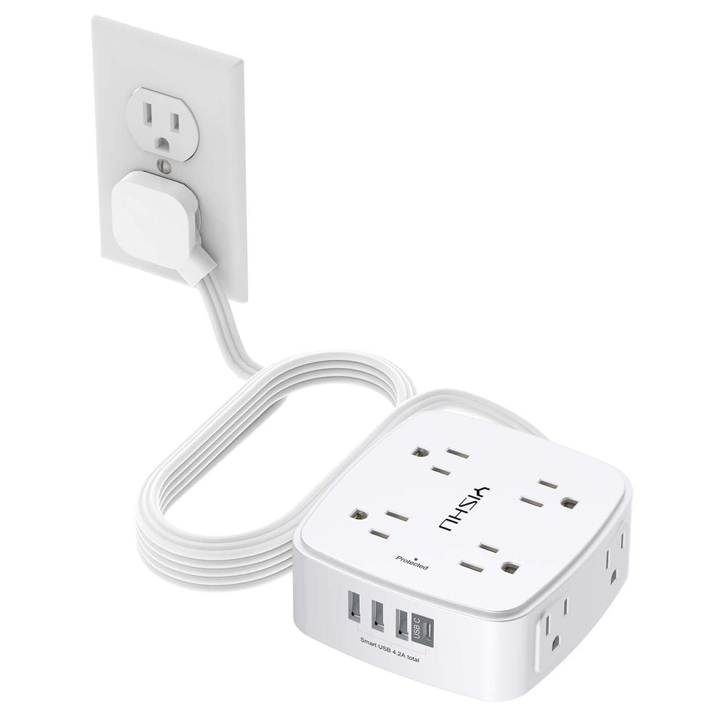 YISHU 10ft surge protector with eight outlets and four USB ports for versatile charging.