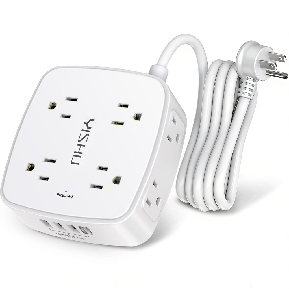 YISHU 6ft surge protector power strip with 8 outlets and 4 USB ports for clutter-free charging.