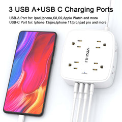YISHU surge protector 6 ft flat cord for under-desk placement.