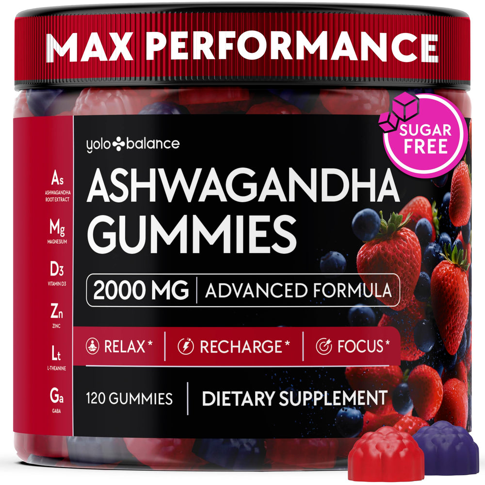 YOLOBALANCE Ashwagandha Gummies bottle front shows vegan, sugar-free formula for daily balance.