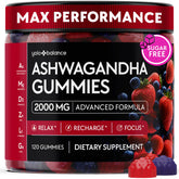 YOLOBALANCE Ashwagandha Gummies bottle front shows vegan, sugar-free formula for daily balance.