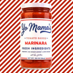 Yo Mama’s Foods Keto Marinara jar closeup showing vibrant tomato color