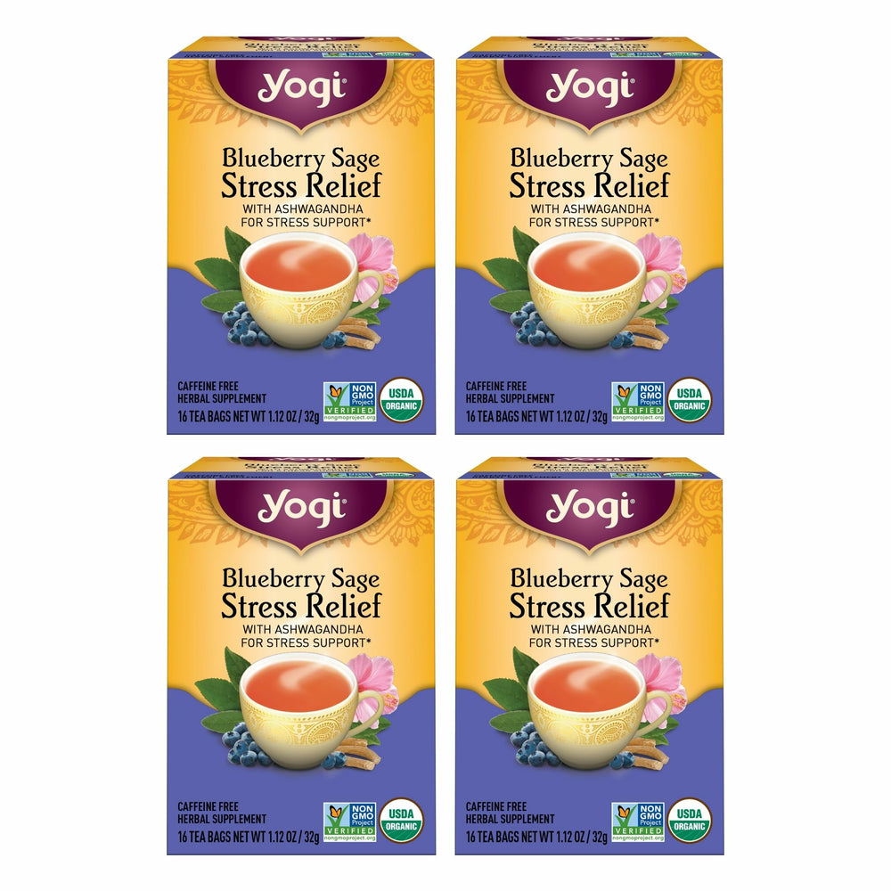 Yogi Blueberry Sage Stress Relief tea pack ready for a calming moment.