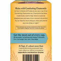 Yogi Comforting Chamomile tea cup steeping, inviting calm moments