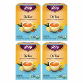 Yogi DeTox tea packaging shows a four-pack box for daily digestive comfort.