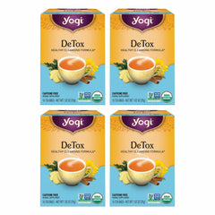 Yogi DeTox tea packaging shows a four-pack box for daily digestive comfort.