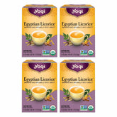 Yogi Egyptian Licorice Tea four-pack box shows premium caffeine-free blend for soothing moments.