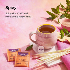 Yogi Ginger Tea peppermint leaf highlights a cool, refreshing finish.
