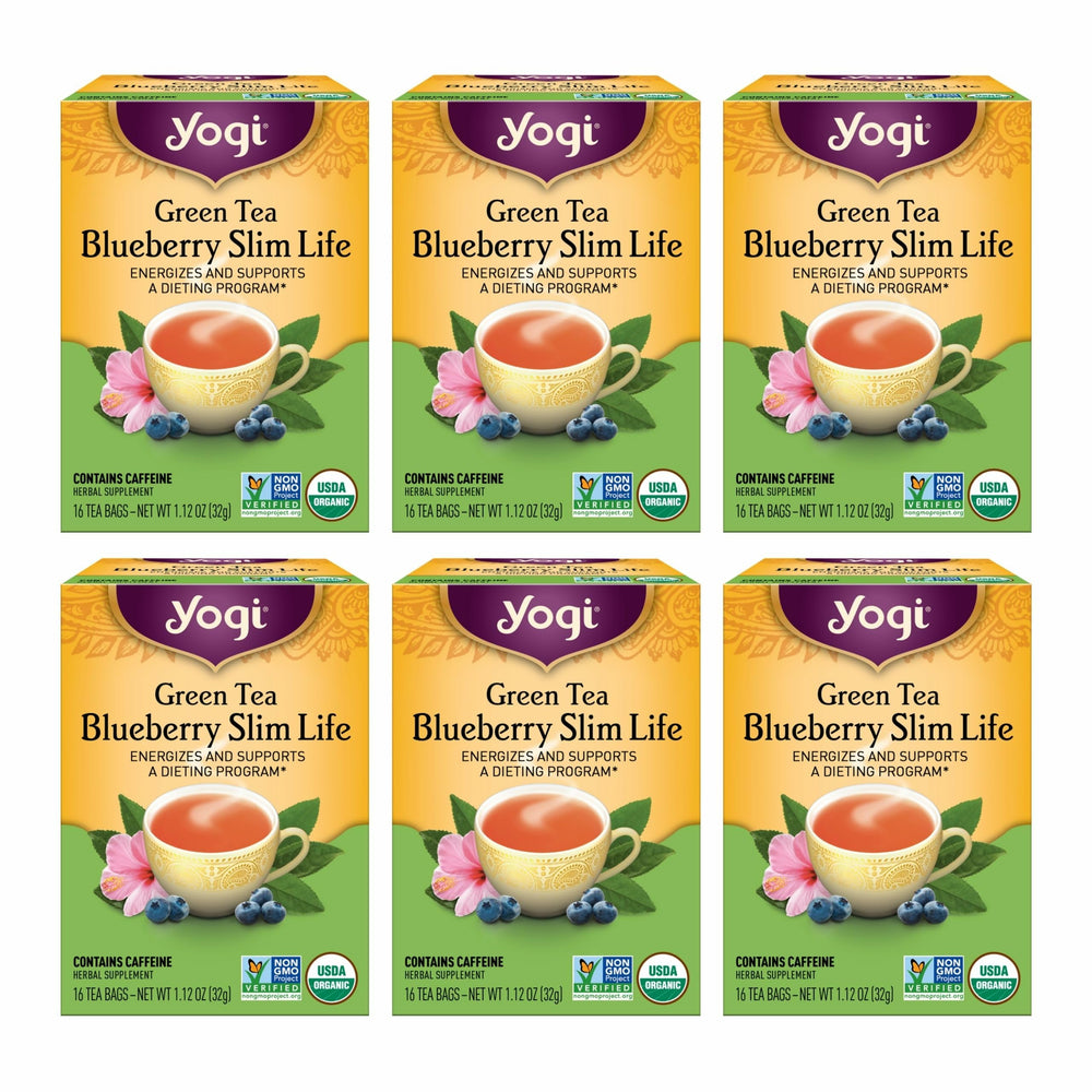 Yogi Green Tea Blueberry Slim Life tea bag closeup for energy boost