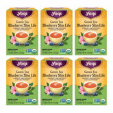 Yogi Green Tea Blueberry Slim Life tea bag closeup for energy boost
