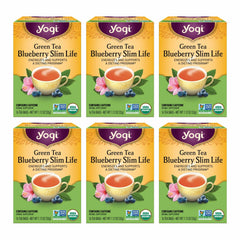 Yogi Green Tea Blueberry Slim Life tea bag closeup for energy boost