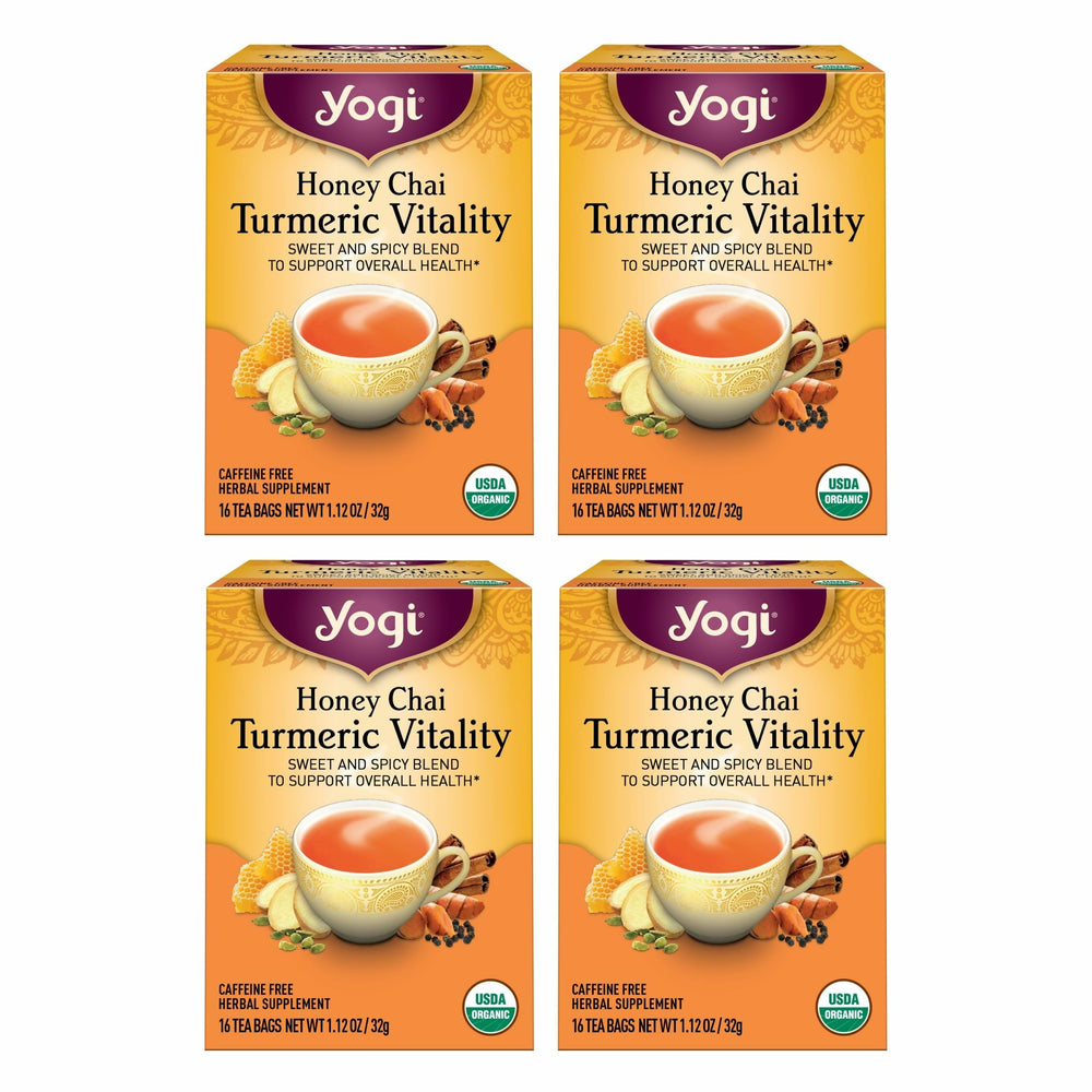 Yogi Honey Chai Turmeric Vitality tea pack on shelf, showcasing organic wellness blend