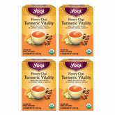 Yogi Honey Chai Turmeric Vitality tea pack on shelf, showcasing organic wellness blend