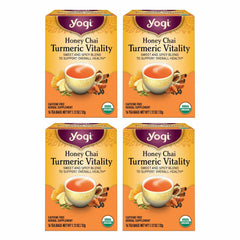 Yogi Honey Chai Turmeric Vitality tea pack on shelf, showcasing organic wellness blend