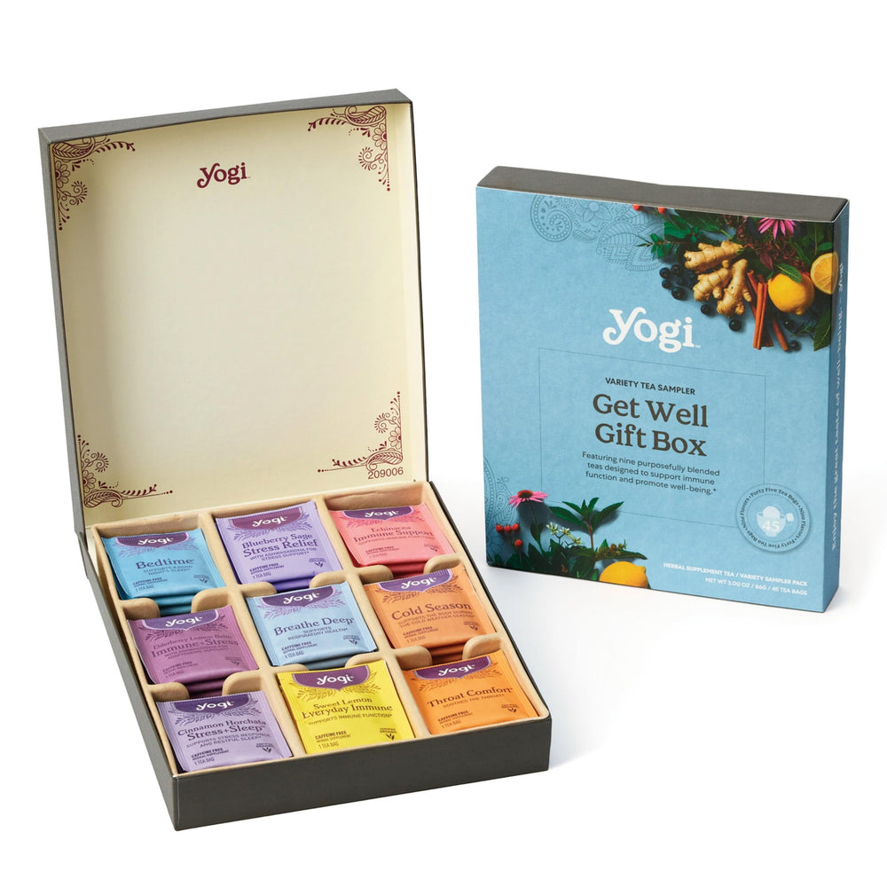 Yogi Organic Sampler Gift Box front view shows nine wellness teas for self-care.