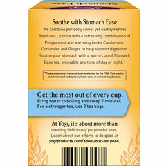 Yogi Stomach Ease spice blend reveals peppermint, licorice, ginger for warmth.