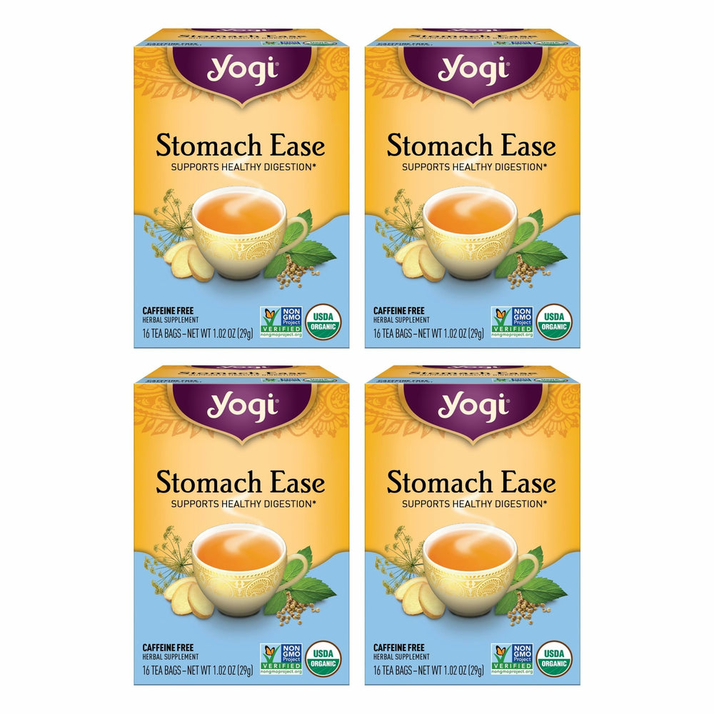 Yogi Stomach Ease tea bag in cup for a calming, digestion-friendly moment.