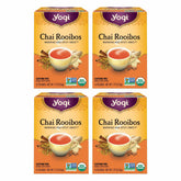 Yogi Tea Chai Rooibos pack front with four-pack value and organic blend.