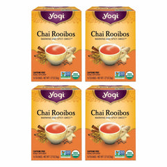 Yogi Tea Chai Rooibos pack front with four-pack value and organic blend.