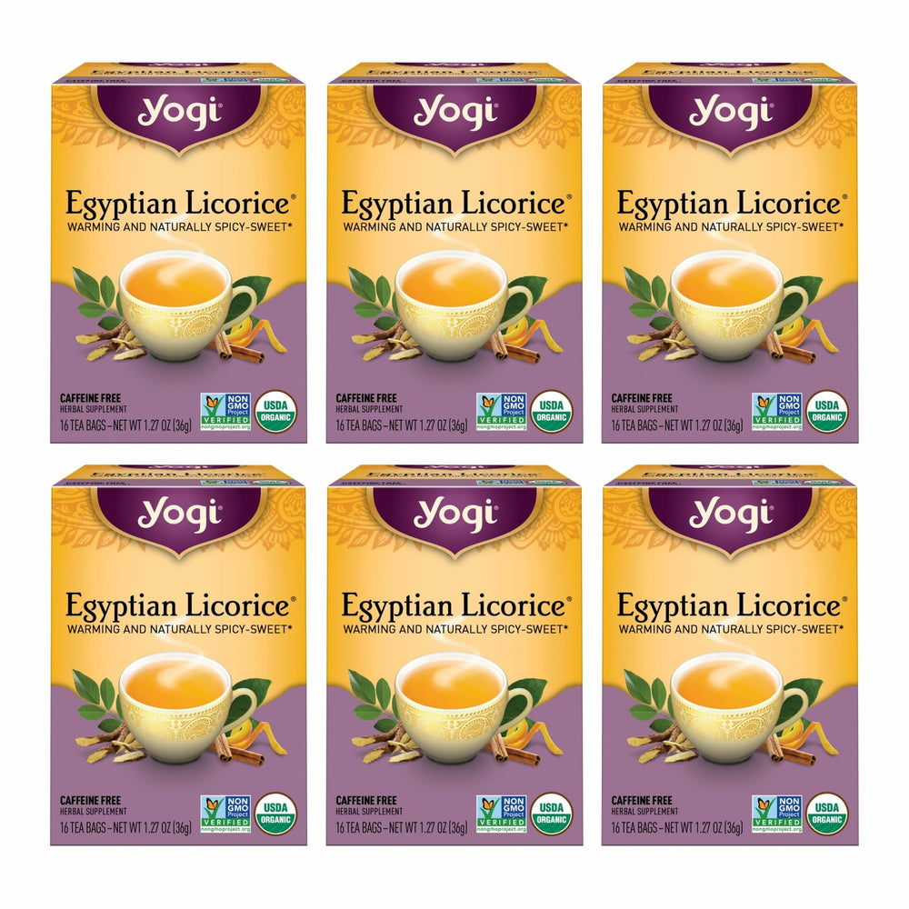 Yogi Tea Egyptian Licorice Tea box—six-pack for caffeine-free evenings.