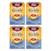 Yogi Honey Lavender Stress Relief tea bags form a calming evening ritual.