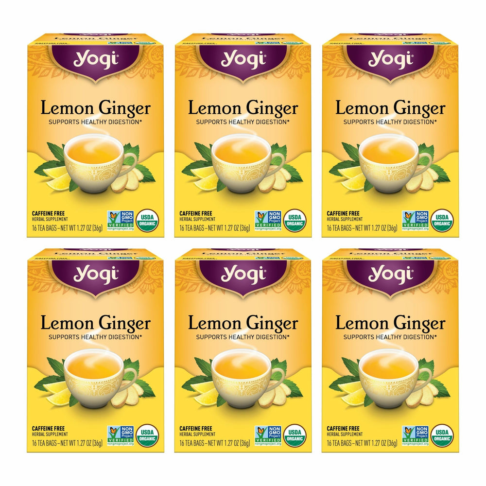Yogi Lemon Ginger tea bags ready to brew for a refreshing, digestion-friendly cup.