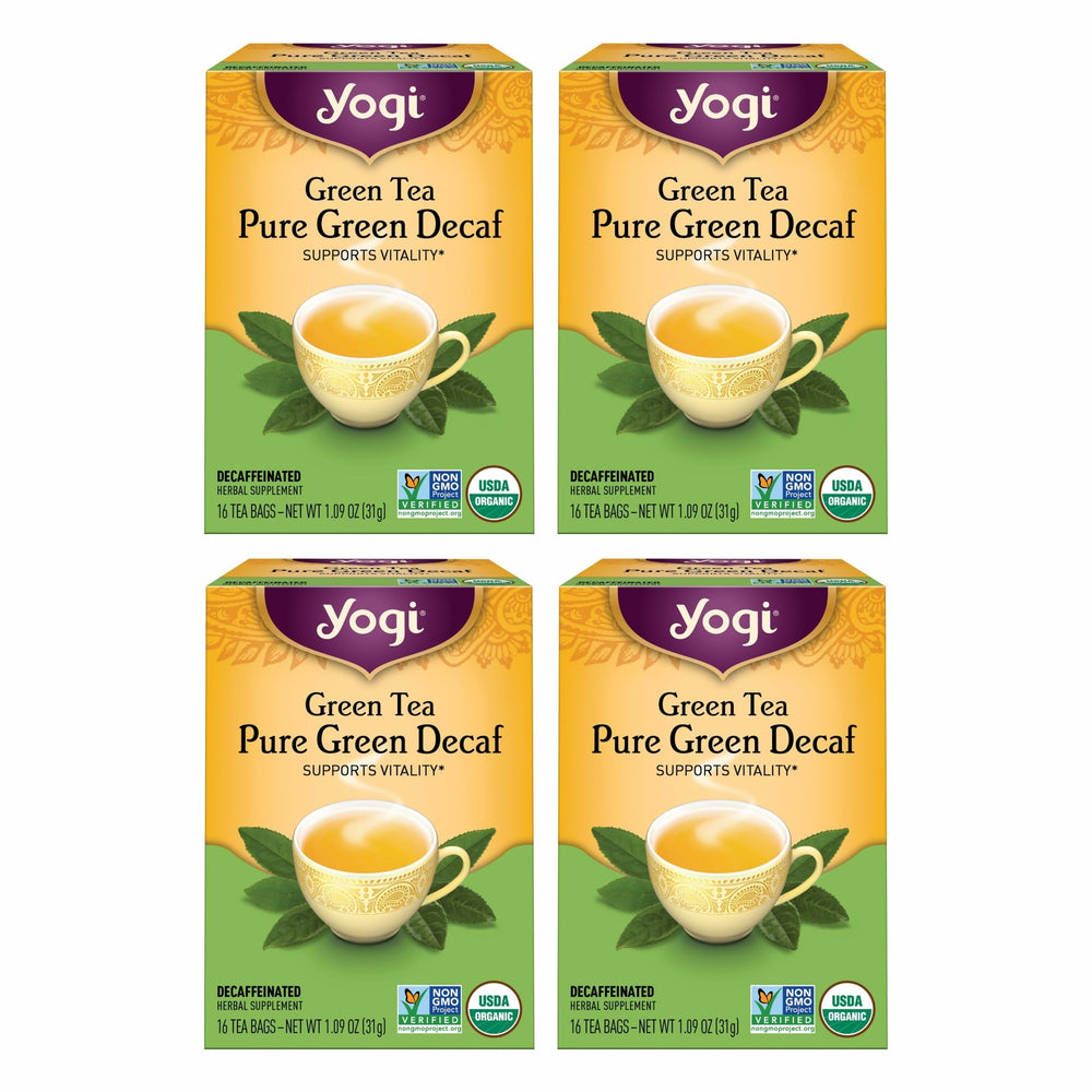 Yogi Tea Pure Decaf Green Tea pack shot shows organic, caffeine-light blend for anytime sipping.