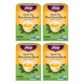 Yogi Tea Pure Decaf Green Tea pack shot shows organic, caffeine-light blend for anytime sipping.