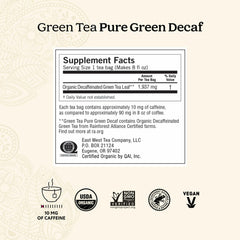 Yogi Tea Pure Decaf Green Tea tea bags closeup emphasizes decaffeinated leaves with preserved antioxidants.