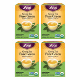 Yogi Tea Pure Green Tea bag closeup shows premium leaves for a refreshing cup.