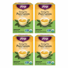 Yogi Tea Pure Green Tea bag closeup shows premium leaves for a refreshing cup.