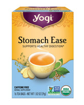 Yogi Tea Stomach Ease steaming cup for gentle digestion support.