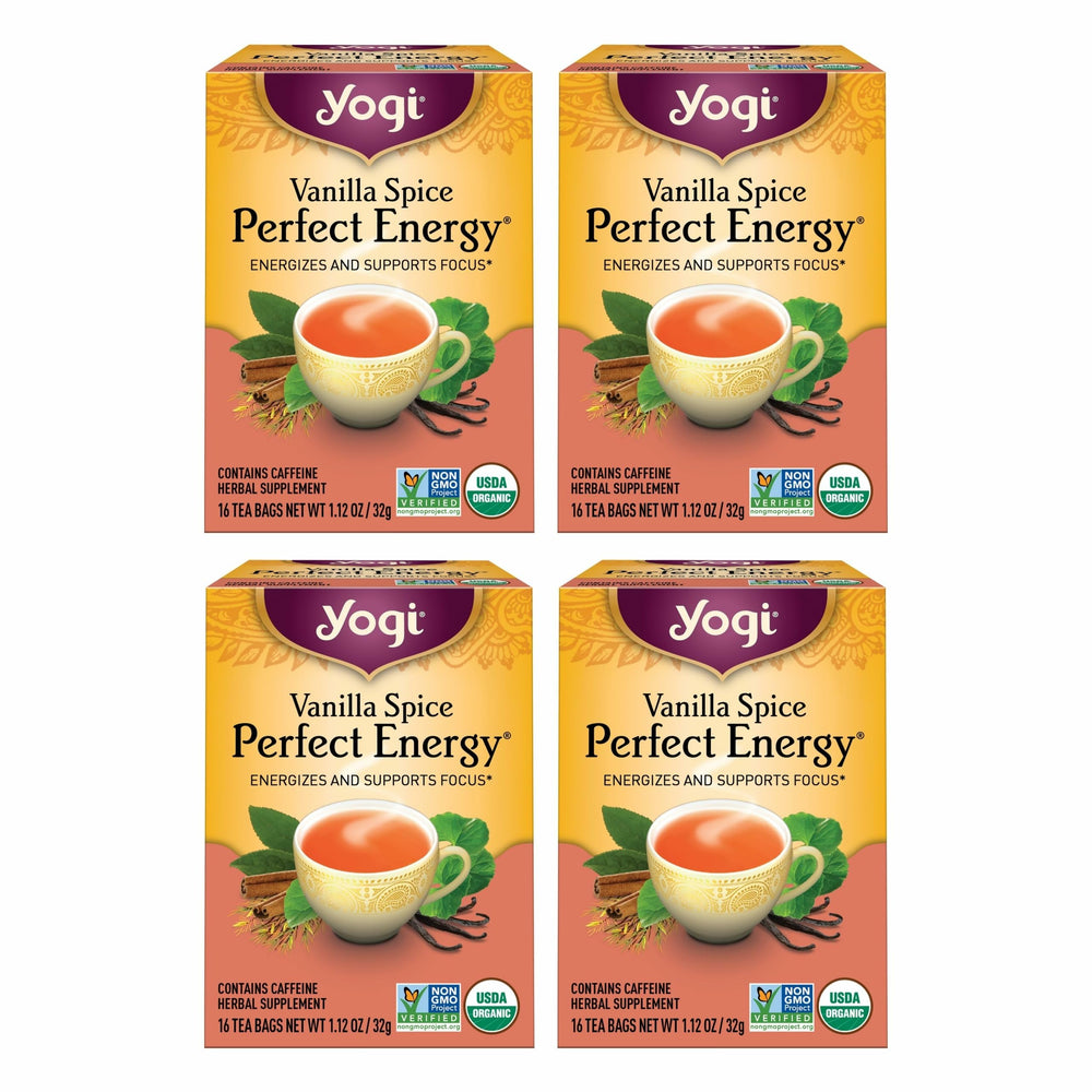 Yogi Vanilla Spice Perfect Energy bottle pour promoting a natural energy boost.