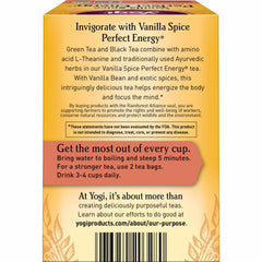 Yogi Vanilla Spice Perfect Energy cup steaming for focused, alert moments.