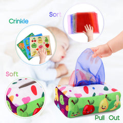 YOGINGO tissue box toy crinkle papers set for visual stimulation.