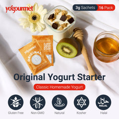 Yogourmet 3 g sachets close-up, convenient single-use packs for easy portions.