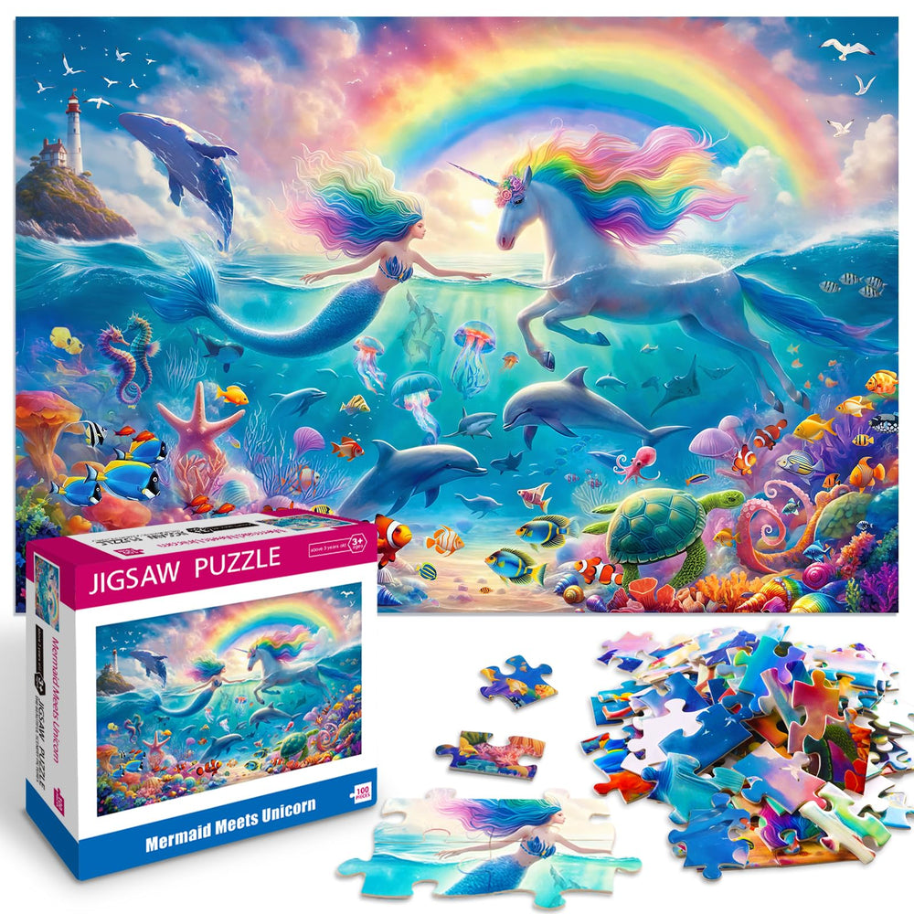 Yokachi Mermaid Unicorn Puzzle cover — vivid colors spark imaginative play