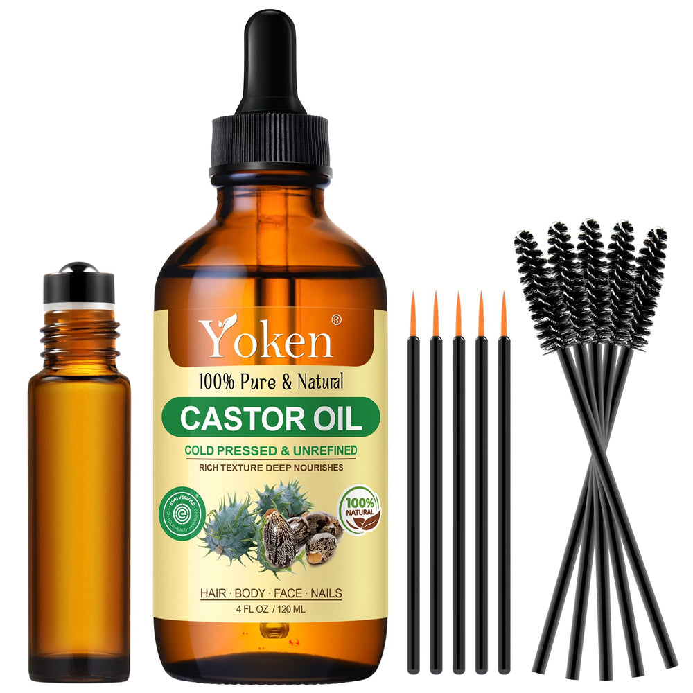 Yoken castor oil in amber glass bottle preserves freshness and purity.