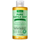 Yoken Peppermint Castile Soap bottle shows a versatile cleanser for skin and dishes