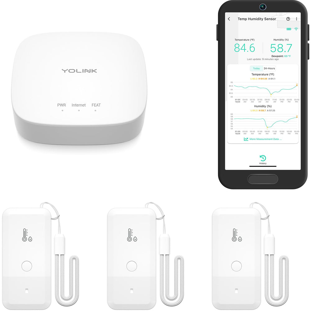 YoLink smart wireless thermometer hygrometer front view with clear display for quick readings.