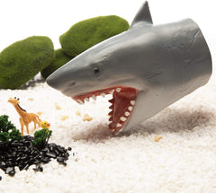 Yolococa shark hand puppet demonstrates mouth-opening motion for storytelling