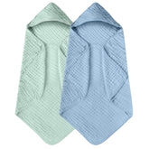 Yoofoss hooded baby towel in blue and green folded, ultra-soft muslin for cozy newborn baths.