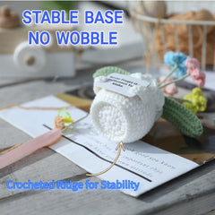 YOOJEE Forget-Me-Not crochet flower close-up highlights handmade texture and craft.