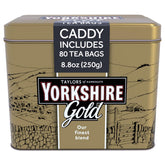 Yorkshire Tea Gold gift tin with 80 teabags for rich breakfast mornings.