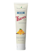 Young Living Thieves Whitening Toothpaste tube highlights fluoride-free whitening potential.