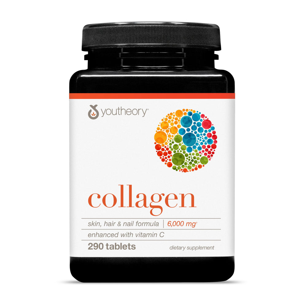 Youtheory Advanced Collagen bottle front shows 6,000 mg potency for joint and hair support.